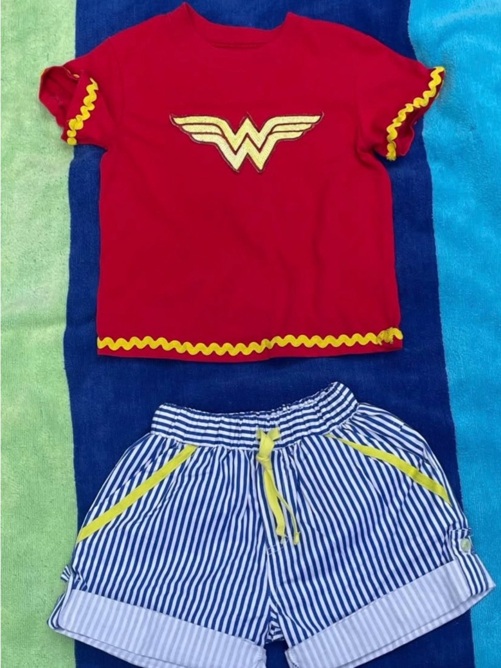 Wonder Woman Sequin Top/Blue & White Stripe Cuffed Shortset, 3T